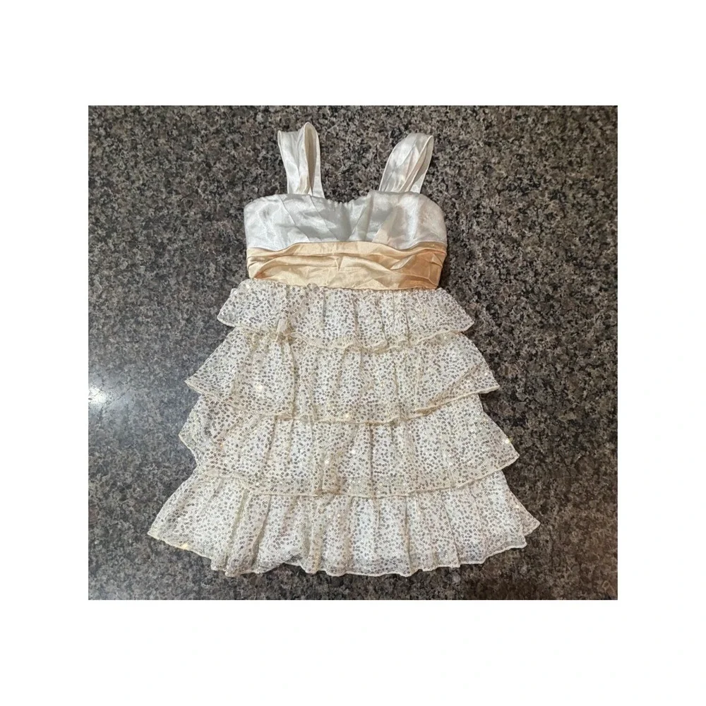 Speechless Girls Ivory Gold Sequin‎ Tiered Ruffle Party Dress Size 8 Holiday Bow